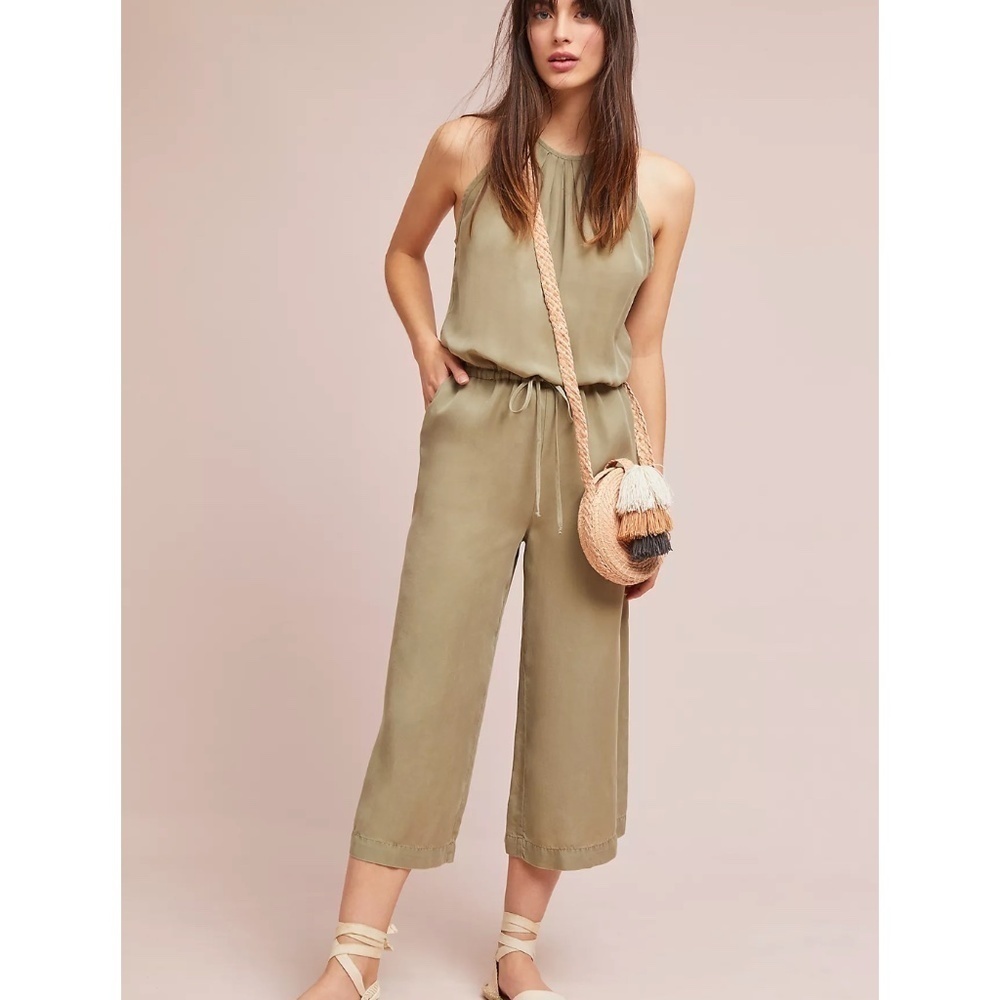 Anthropologie Cloth & Stone Green Tan Daytripper Jumpsuit Lightweight Sz Medium